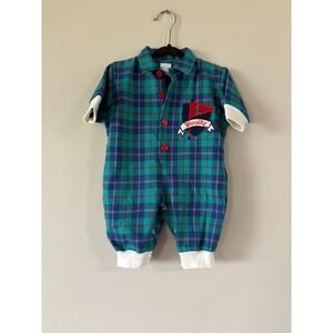 Vintage Baby Boys Varsity Plaid Romper Green Blue Red 0-6 Months Preppy Sporty